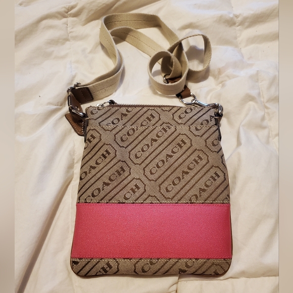 COACH Signature Crossbody Bag with Outside Pocket Khaki x Pink Shoulder bag - Picture 3 of 4